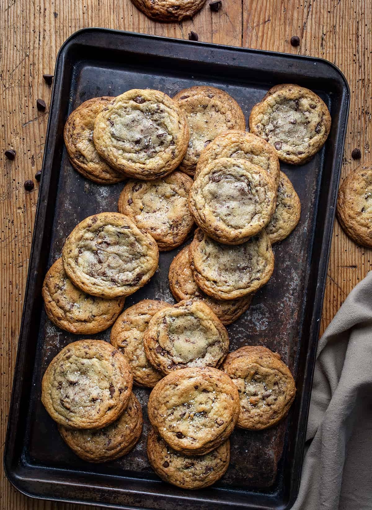 Close-up of a brown butter chocolate chip cookie with melty chocolate puddles