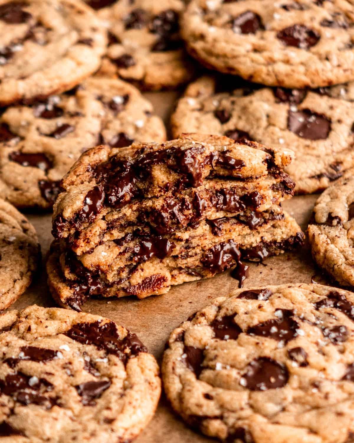 Flat lay of ingredients including butter, flour, sugars, and chocolate